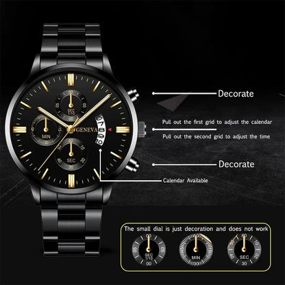 Luxury Black Stainless Steel Men's Watch with Calendar Feature - Smarsty
