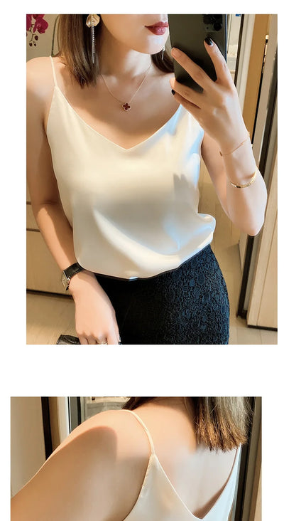 2024 Summer Camisole Slim Vest Sexy Women Sleeveless V-Neck Gray Tee Tank Tops Female Solid Black/White Korean Crop Tops Y2k - Smarsty