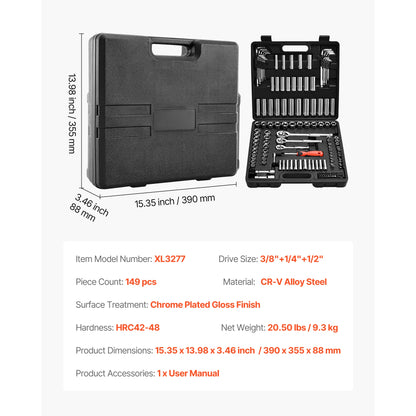 SucceBuy Socket Set 86 Pieces 3/8 1/4 1/2in Drive Socket and Ratchet Set SAE Metric Mechanic Tool Kit with Ratchet Wrench