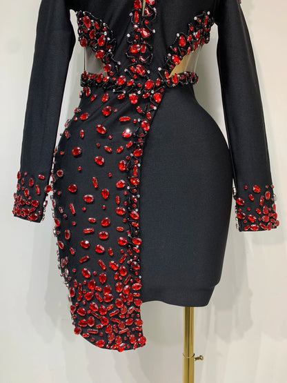 Luxury Birthday Women Celebrity Sexy Long Sleeve V Neck Rhinestone Black Bandage Dress 2025 Elegant Evening Club Party Dresses
