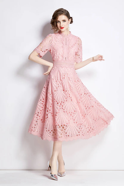 H Han Queen Spring New Elegant Casual Work Party Dresses Floral Crochet Hollow Out Lace Patchwork Casual Office Midi Dress - Smarsty