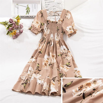 Spring Summer Chiffon Dresses Fashion Female Elastic Waist Short Sleeve Pleated Casual Dress Women A-line Dresses Vestidos - Smarsty