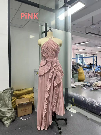 Elegant Purple Halter A Line Prom Gowns Ruffles Tiered Backless Party Gown Summer Vacation Chiffon Long Evening Dress - Smarsty