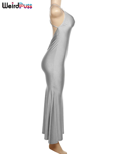 Weird Puss Sexy Backless Women Evening Maxi Dress Folds V-Neck Sleeveless Coquette Elegant Mermaid Matching Banquet Prom Bodycon - Smarsty