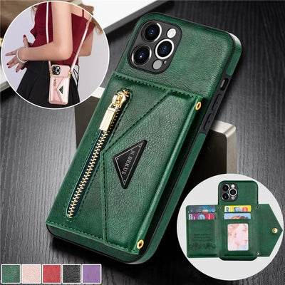 Zipper Wallet Phone Case For iPhone 17 Air 16 Plus 16E 15 Pro Max Leather Card Back Crossbody Strap Leather Magnetic Wallet Phone Case by Smarsty