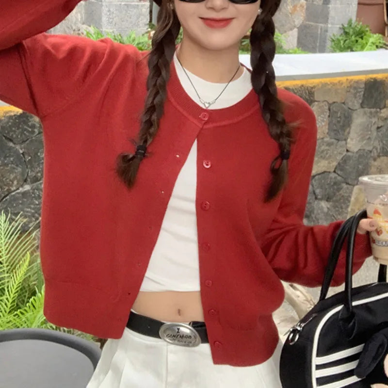 Women's Long Sleeve 2025 Cardigan O Neck Button Down Knit Lady Autumn Spring Knitted Single-breasted Cardigan Sweaters - Smarsty