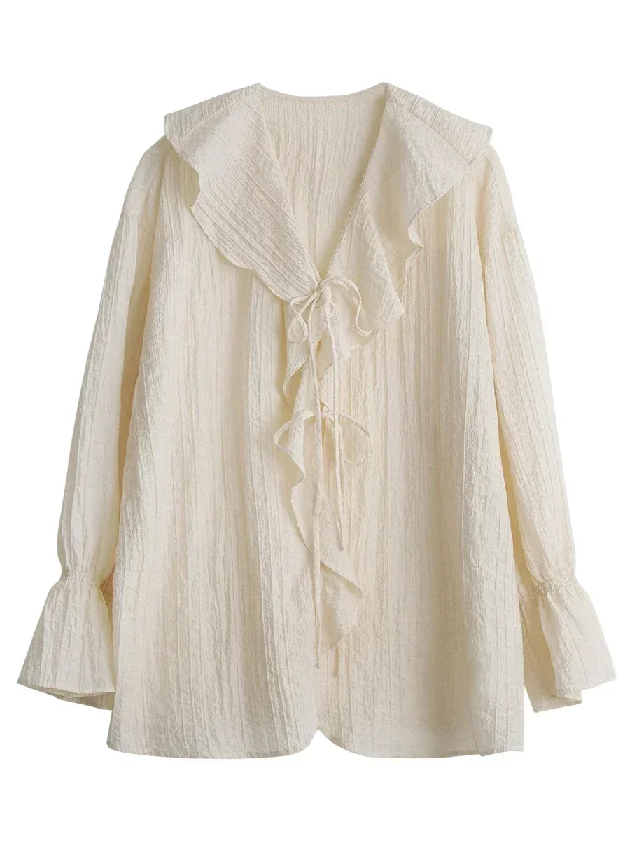 CHIC VEN Women Shirt Loose Casual Ruffled Edges Female Blouses V Neck Lace Up Mid Length Woman Shirts Spring Summer 2024 - Smarsty