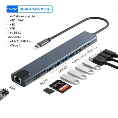 USB C Hub 4K30Hz Dock With HDMI RJ45 Ethernet PD100W
