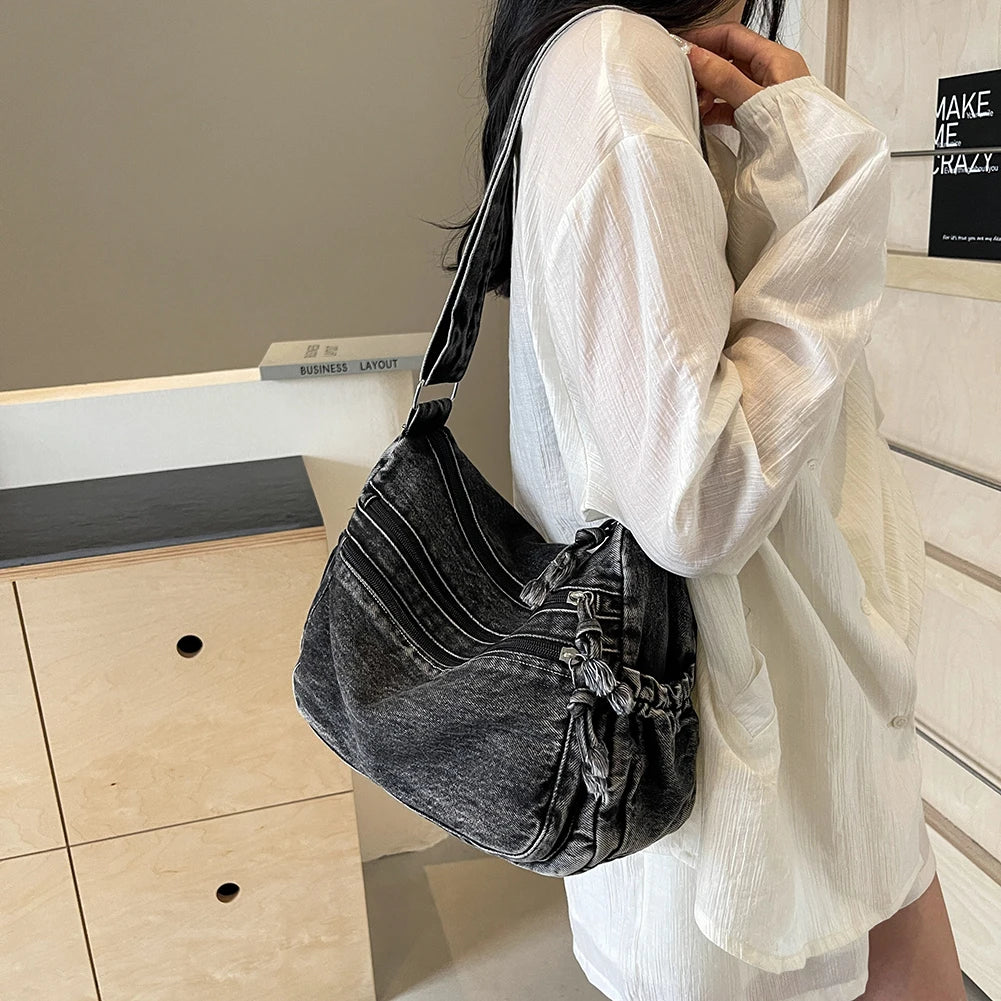 Vintage Denim Shoulder Bag Large Capacity Satchel For Women - Smarsty