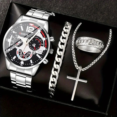 Gold Alloy Men's Quartz Watch and Cross Jewelry Set - Smarsty