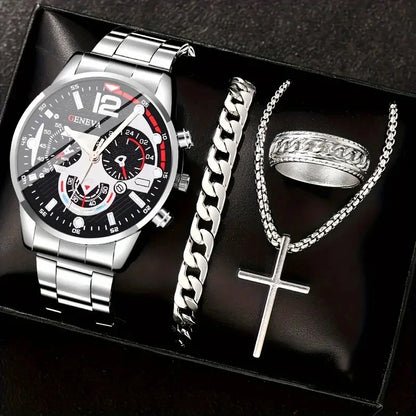 Gold Alloy Men's Quartz Watch and Cross Jewelry Set - Smarsty