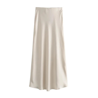 Women 2025 Satin Black Skirt Women High Waist Long Skirts for Women Summer White Midi Skirt Office Elegant Daily Skirts - Smarsty