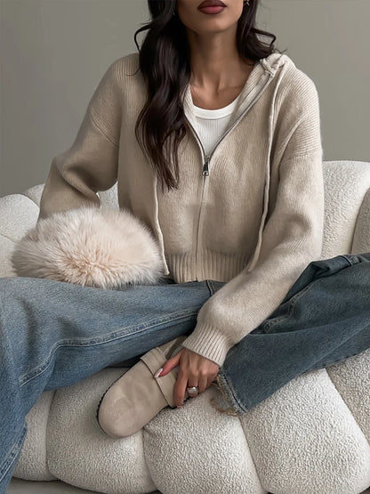 Autumn Knitted Women's Short Cardigan with Zipper Gray Winter Sweater Casual Cute Vintage White Cardigan for Women with Hood - Smarsty
