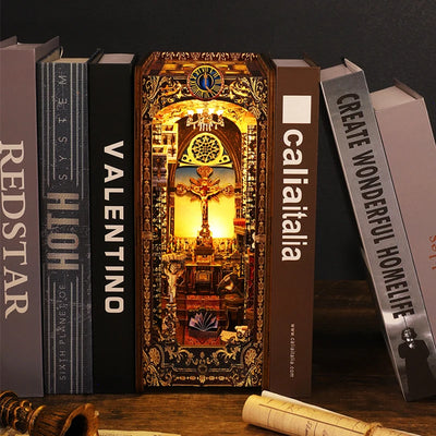 DIY Book Nook Shelf Insert Kit 3D Wooden Puzzle Doll House Assembly Building Model Bookends With Furniture LED Light Xmas Gifts by Smarsty
