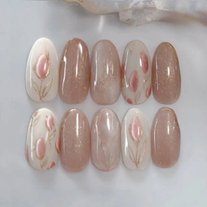 Colorful Press On Almond Nails Set with Pearl Flowers - Smarsty
