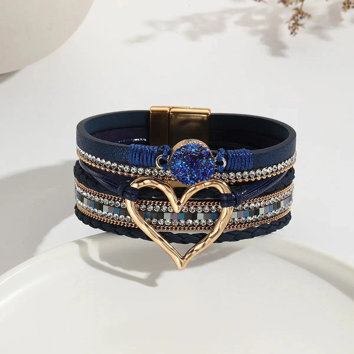 Women Leather Heart Charm Bracelet Rhinestone Wrap - Smarsty