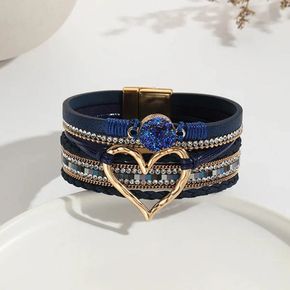 Women Leather Heart Charm Bracelet Rhinestone Wrap - Smarsty