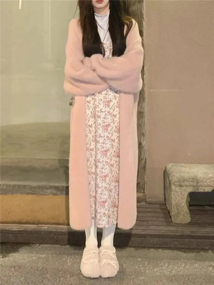white Long Cardigan for women 2025 new winter clothes Knitted fluffy long sleeve Cashmere sweater coat korean style warm vintage - Smarsty