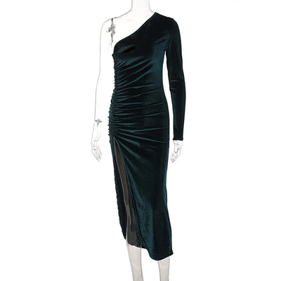 Women Elegant Long Sleeve Party Evening Velvet Bodycon Split Pencil Midi Dress Spring Autumn Clothes - Smarsty