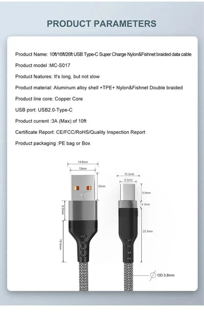 USB TYPE C Cable 5A Super Fast Charge Cable for iPhone 15 16 17 Full range Huawei Samsung oppo oneplus Universal USB C Extension - Smarsty