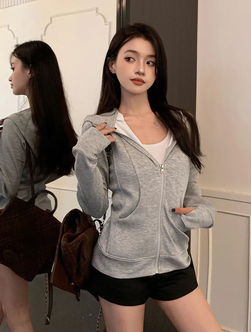 Gray Zipper Hooded Sweatshirt Women 2025 New Korean Slim Fit Cardigan Long Sleeve Coat Woman Solid Pockets Sports Hoodies Jacket