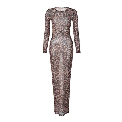 Hugcitar Leopard Print Mesh Long Sleeve Sexy Slim  See Through Maxi Dress Fall Women Fashion Outfits Beach Vacation Club - Smarsty