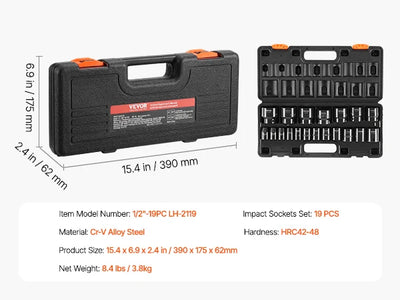 SucceBuy Impact Socket Set 1/2 Inches 19 Piece Impact Sockets Standard Socket Assortment 1/2 Inches Drive Socket Set