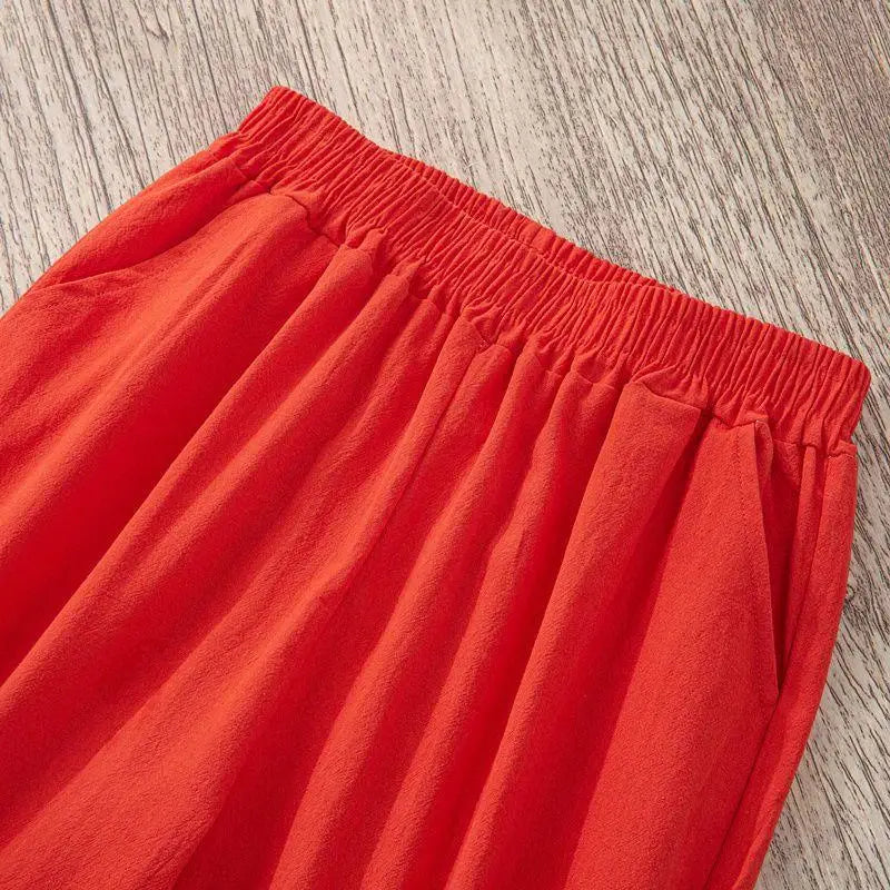 Women Summer Casual Loose Harem Elastic Waist Cotton Linen Pants Ninth Trousers - Smarsty