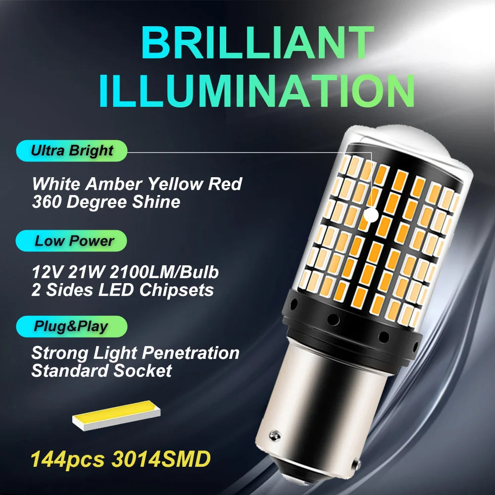 2pcs 1156 BA15S P21W BAU15S PY21W T20 7440 W21W 3157 1157 P21/5W W21/5W LED Bulbs 144smd Led 95% CanBus Lamp Turn Signal Light - Smarsty