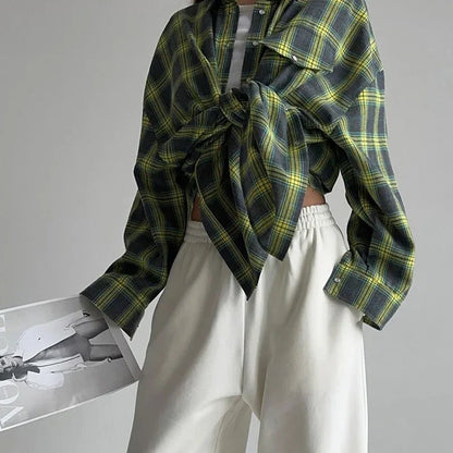 Oversized Plaid Shirt Autumn Winter Women Vintage Long Sleeve Fashion Loose Lapel Pocket Shirt Fit Blouse Korean Style - Smarsty
