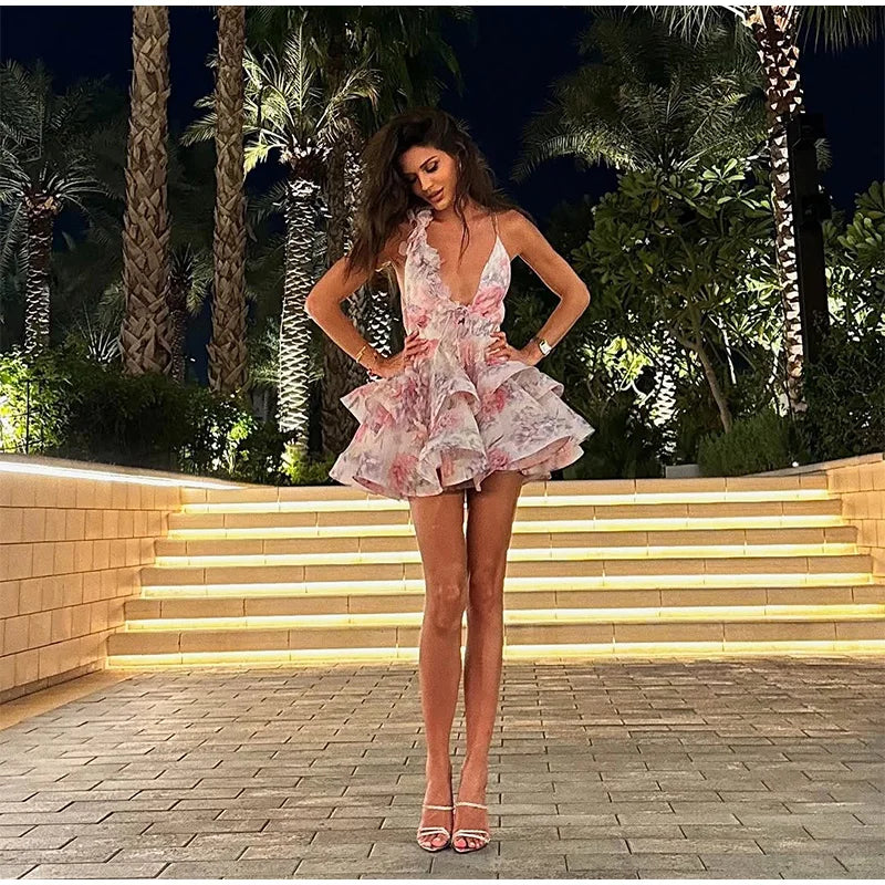 Backless Party Dress Women Elegant 3D Flower Print Sling Lace Up Ruffle A-line Mini Evening Dresses Female 2025 Summer Swimwears - Smarsty