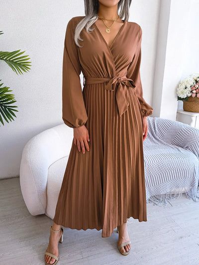 Women Elegant V Neck Long Sleeve Pleated Maxi Dress - Smarsty