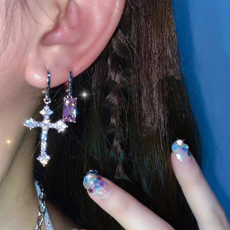 Rhinestone Cross Charm Drop Earrings for Women Fashion Style - Smarsty