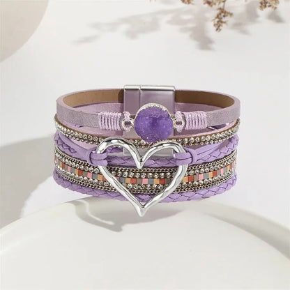Women Leather Heart Charm Bracelet Rhinestone Wrap - Smarsty