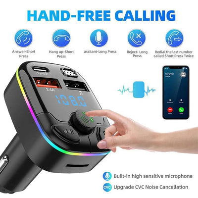 Bluetooth 5.0 Car FM Transmitter PD Type-C Dual USB Ambient Player Handsfree MP3 Charger Type-C Wireless Light PD QC3.0 Adapter - Smarsty