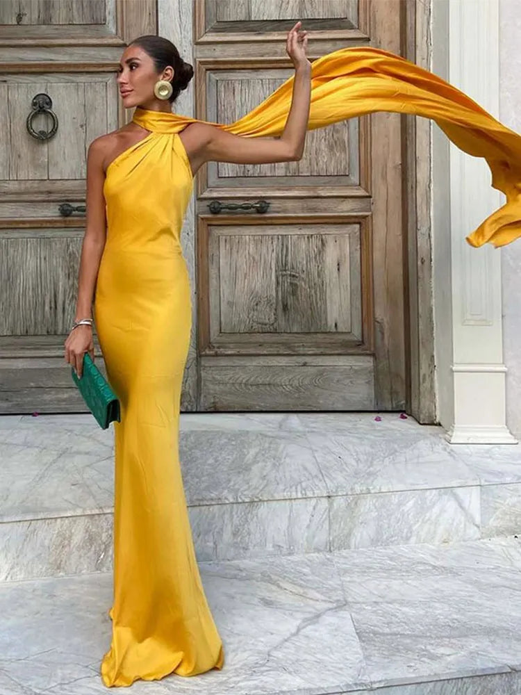 Elegant Solid Ribbon Women Halter Dress Off Shoulder Sleeveless Backless Slim Female Maxi Dresses 2025 Summer New Chic Lady Robe - Smarsty