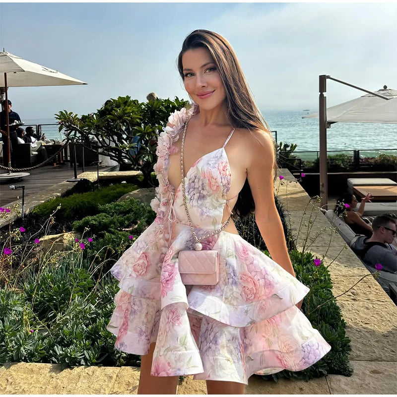 Backless Party Dress Women Elegant 3D Flower Print Sling Lace Up Ruffle A-line Mini Evening Dresses Female 2025 Summer Swimwears - Smarsty