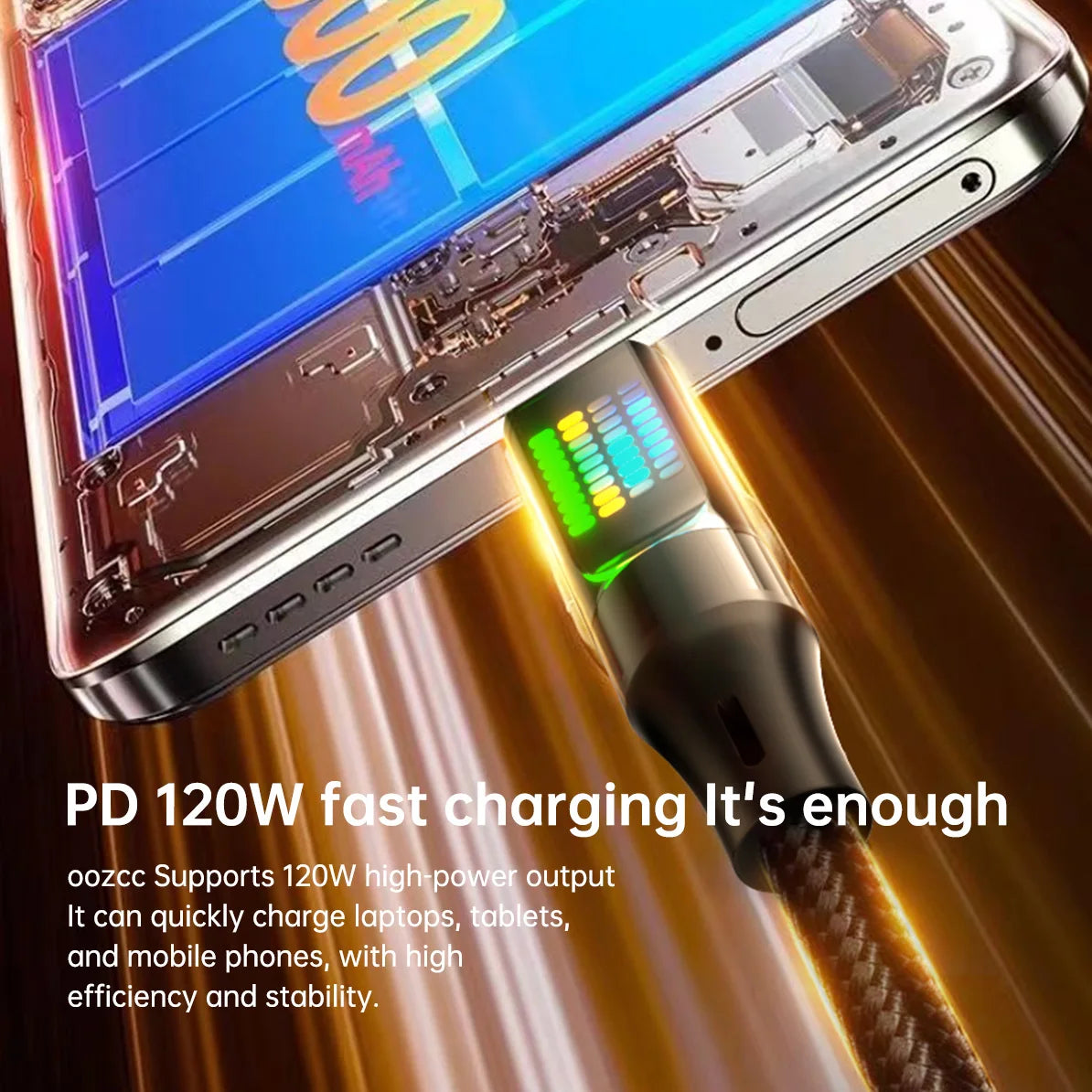 OOZCC 120W Type C Fast Charging Cable 6A USBA to Type C Nylon Data Cord for Xiaomi Samsung With Led Display USB C Cable - Smarsty