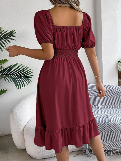 Women's MIidi Dresses 2024 Summer Casual Square Neck Short Sleeved Waist Ruffle Edge Dress Dress Women Elegant Платья Женские - Smarsty