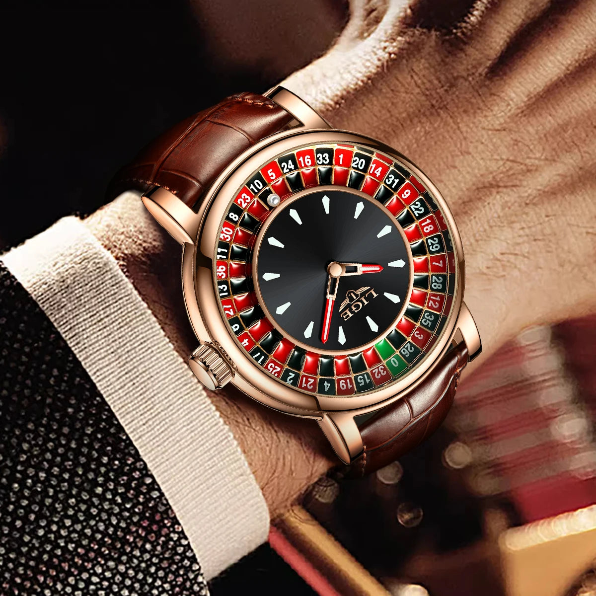 LIGE Waterproof Brown Leather Men's Roulette Watch - Smarsty