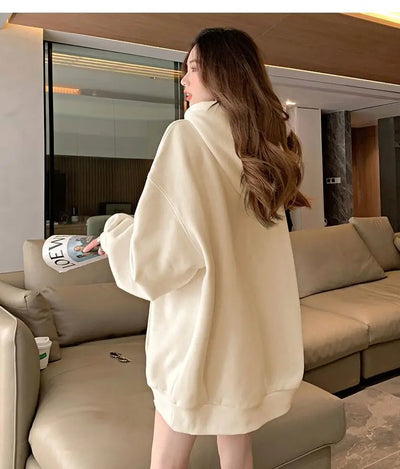 Women Embroidery Print Sporty Chic Hoodies Casual Zip Up Long Sleeve Loose Jacket Coats Harajuku Hooded Sweatshirts Streetwear - Smarsty