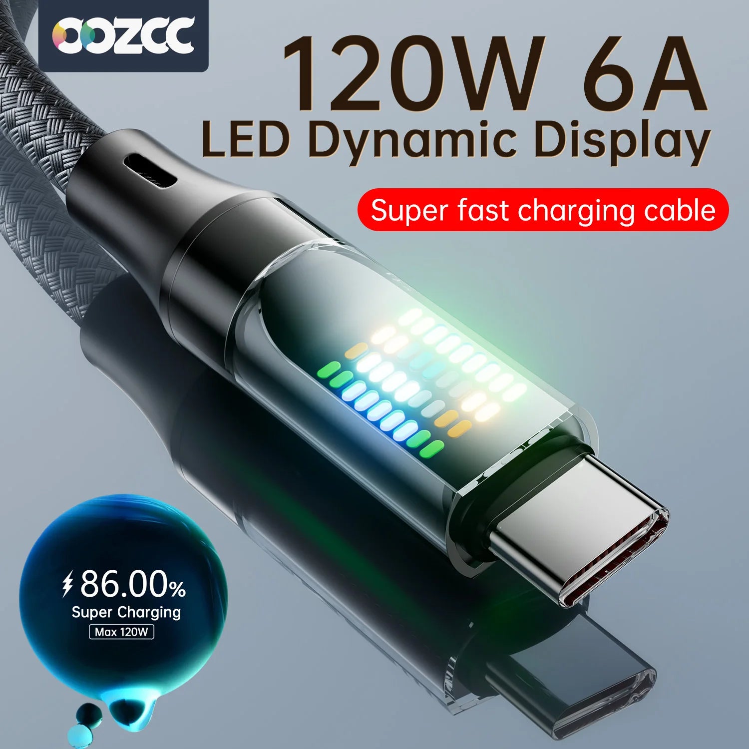 OOZCC 120W Type C Fast Charging Cable 6A USBA to Type C Nylon Data Cord for Xiaomi Samsung With Led Display USB C Cable - Smarsty