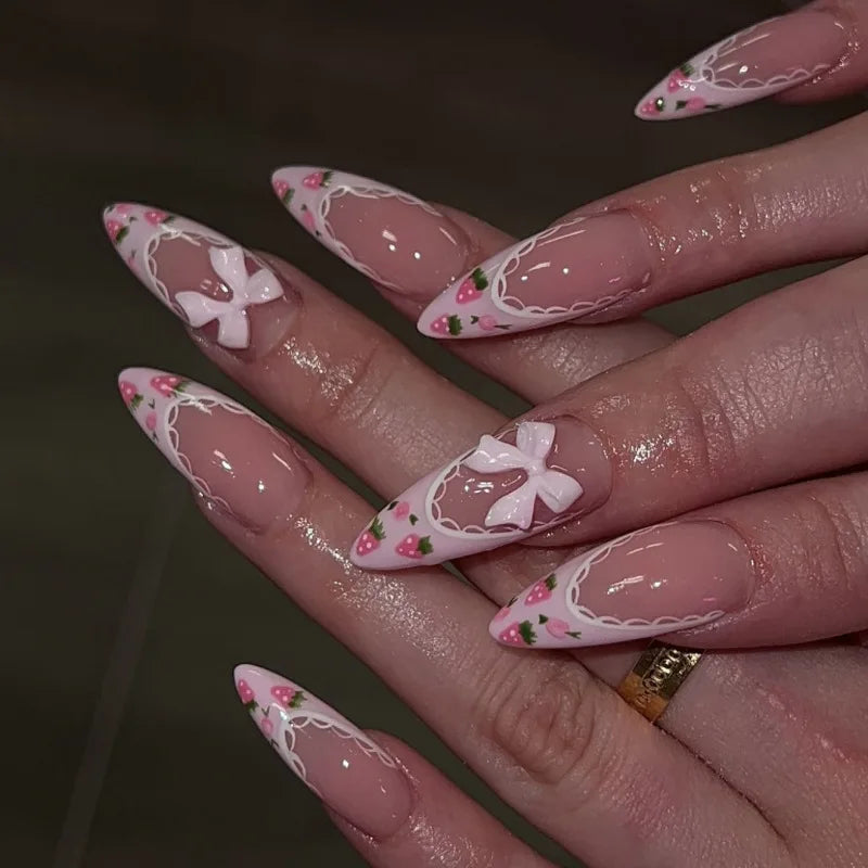 Colorful Press On Almond Nails Set with Pearl Flowers - Smarsty