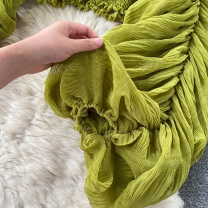 Women Sexy Chiffon Short Blouse Female See Through Super Long Sleeve Blusas Purple/Green/Black/White Folds Party Tops 2022 New - Smarsty