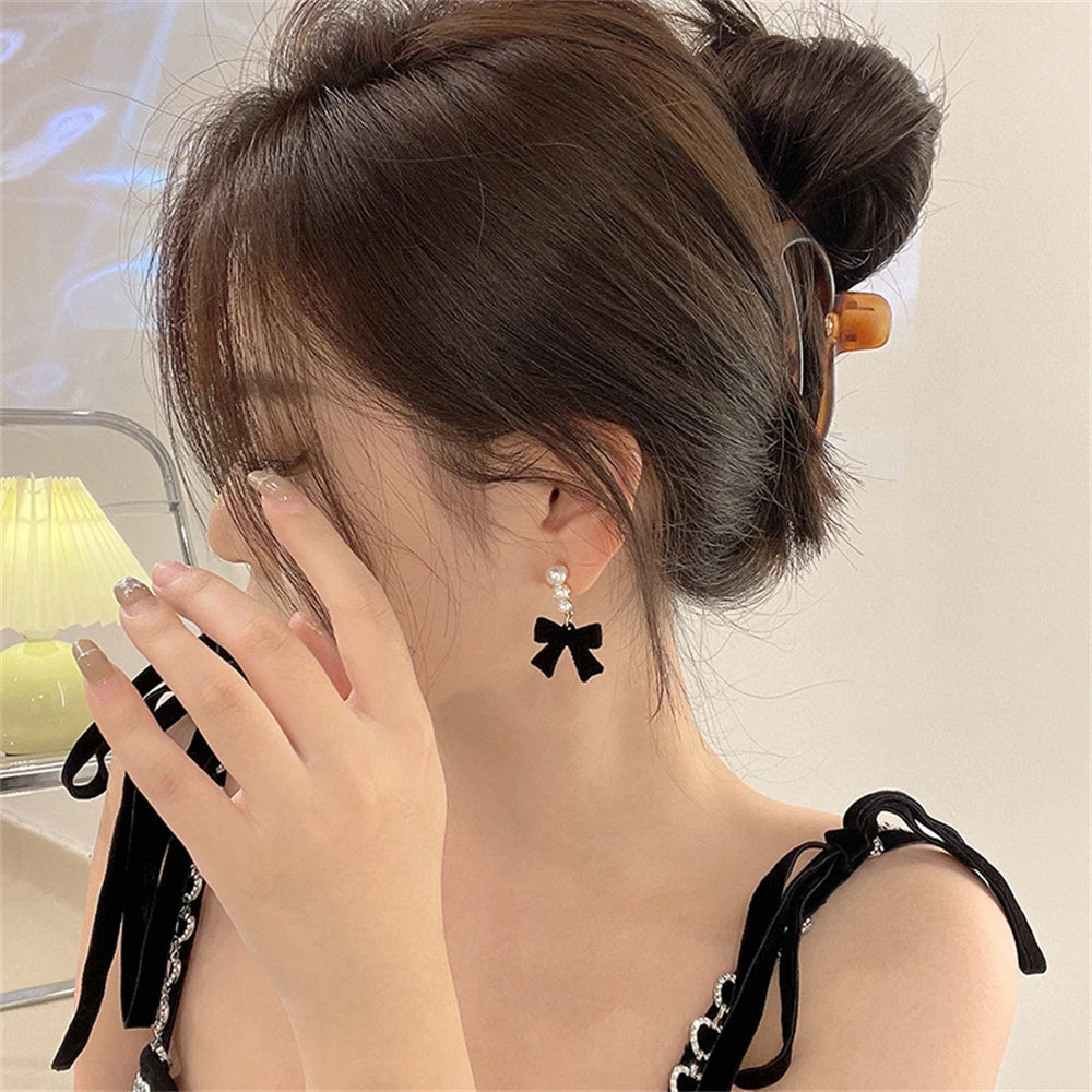 Red Black Bowtie Earrings with Simulated Pearls for Women - Smarsty