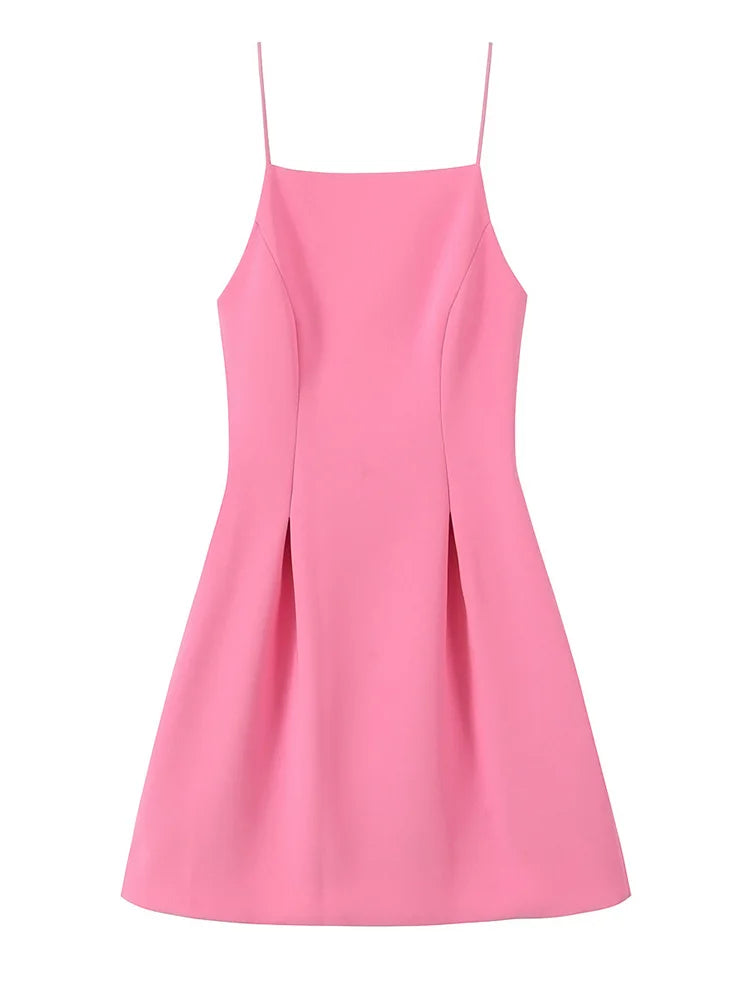 TFMLN Elegant Ladies Pink Spaghetti Strap Dress 2025 Summer New Simple Style Women Slim Short Dress Party Fashion A-Line Dress - Smarsty