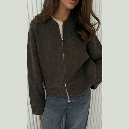 Vintage Knit Women Cardigan Casual Full Sleeve Zipper O Neck Pleated Solid Lady Sweater 2025 Autumn Fashion Female Knitwear - Smarsty