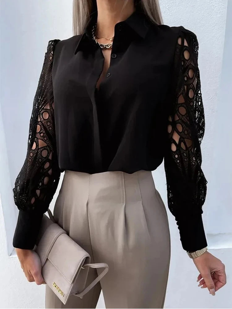 Women's Blouse White blank Elegant V-neck Lace Sleeve Cut-out Patchwork Office Commuter Black Shirt For Female - Smarsty