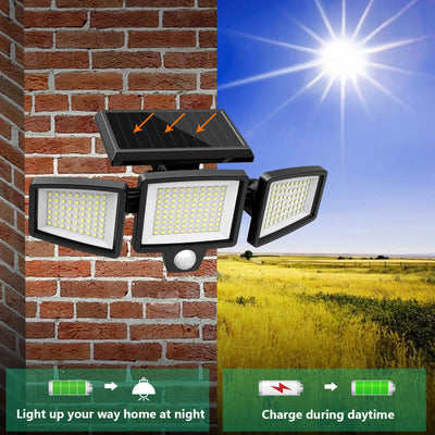Outdoor Waterproof Solar Light with Motion Sensor 3-Head 200+ LEDs Security Light for Porches Garages Yard Entrances - Smarsty