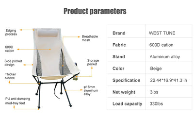Westtune Portable Folding Camping Chair with Headrest Lightweight Tourist Chairs Aluminum Alloy Fishing Chair Outdoor Furniture by Smarsty